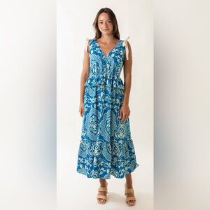 Moon River Blue & White Border Print Ruffle Tie Strap Midi Dress | Size S